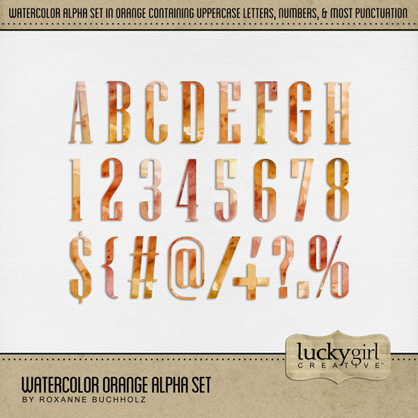Add these beautiful watercolor letters, numbers, and punctuation by Lucky Girl Creative digital art to all your digital scrapbooking pages and mix-and-match them on various projects throughout the year! Great for any occasion and theme! The Watercolor Orange Alpha Set consists of a full set of digital art uppercase alphabet letters A-Z, numbers 0-9, and most punctuation marks. This alpha set is available as individual embellishments only. This kit is included in the India Watercolor Bundle.