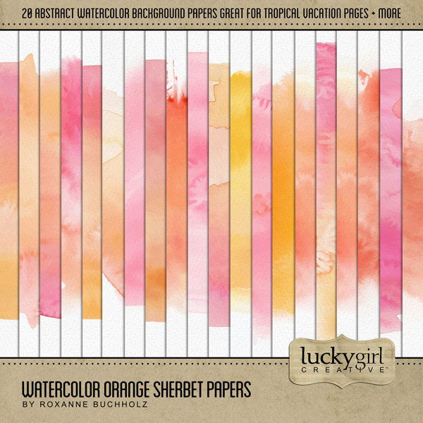 Add these beautiful watercolor digital scrapbooking background papers by Lucky Girl Creative digital art to all your Hawaiian, Caribbean, summer, and tropical digital scrapbooking pages and albums! Great for vacations to Hawaii, Caribbean, the South Pacific, Polynesia, and other tropical locations. This kit is included in the Hawaii Watercolor Bundle.