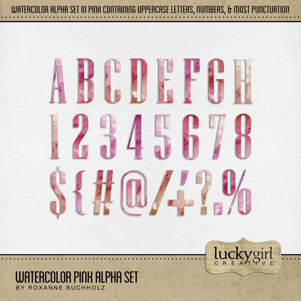 Add these beautiful watercolor letters, numbers, and punctuation by Lucky Girl Creative digital art to all your digital scrapbooking pages and mix-and-match them on various projects throughout the year! Great for any occasion and theme! The Watercolor Pink Alpha Set consists of a full set of digital art uppercase alphabet letters A-Z, numbers 0-9, and most punctuation marks. 