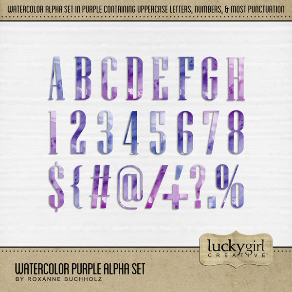 Add these beautiful watercolor letters, numbers, and punctuation by Lucky Girl Creative digital art to all your digital scrapbooking pages and mix-and-match them on various projects throughout the year! Great for any occasion and theme! The Watercolor Purple Alpha Set consists of a full set of digital art uppercase alphabet letters A-Z, numbers 0-9, and most punctuation marks. This alpha set is available as individual embellishments only. This kit is included in the Middle East Watercolor Bundle.