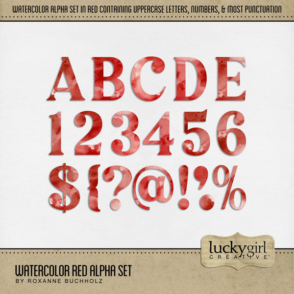 Add these beautiful watercolor letters, numbers, and punctuation by Lucky Girl Creative digital art to all your digital scrapbooking pages and mix-and-match them on various projects throughout the year! Great for any occasion and theme! The Watercolor Red Alpha Set consists of a full set of digital art uppercase alphabet letters A-Z, numbers 0-9, and most punctuation marks. This alpha set is available as individual embellishments only. This kit is included in the Europe Watercolor Bundle 2.