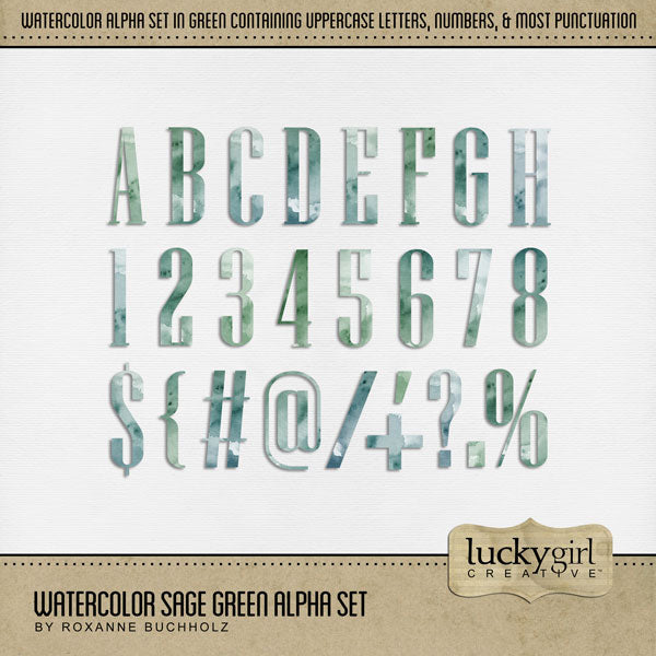 Add these beautiful watercolor letters, numbers, and punctuation by Lucky Girl Creative digital art to all your digital scrapbooking pages and mix-and-match them on various projects throughout the year! Great for any occasion and theme! The Watercolor Sage Green Alpha Set consists of a full set of digital art uppercase alphabet letters A-Z, numbers 0-9, and most punctuation marks. 