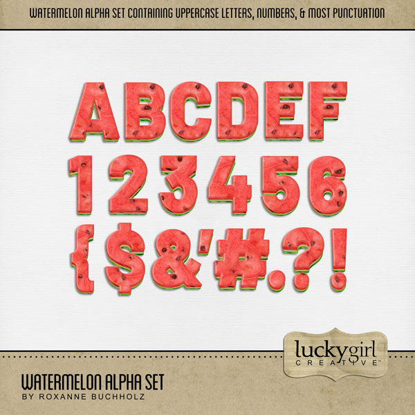 Showcase your favorite recipes, cookbook favorites, and summer activities with these fun digital scrapbooking alphabet letters, numbers, and punctuation by Lucky Girl Creative digital art great for creating one-of-a-kind page titles. This alpha set consists of a full set of digital art uppercase letters A-Z, numbers 0-9, and most punctuation. This alpha set is available as individual embellishments only. This Alpha Set is NOT included in any bundle.