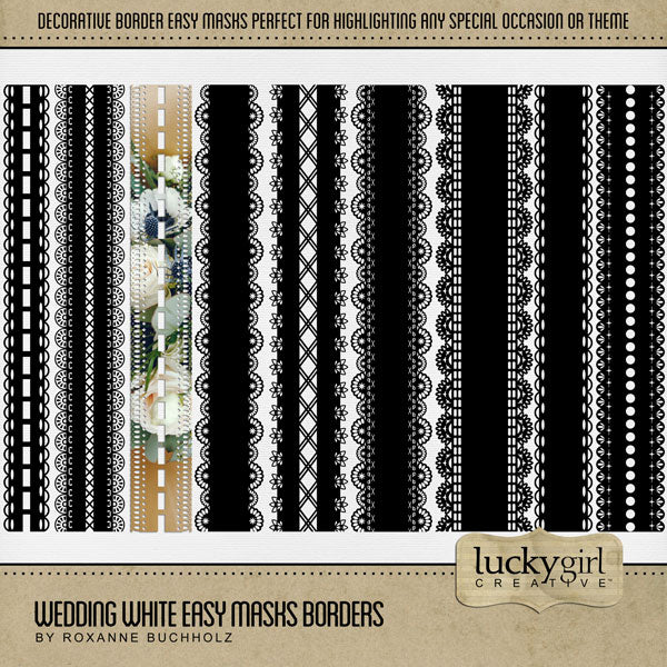 With 12 unique designs by Lucky Girl Creative digital art, these decorative borders photo masks for digital scrapbooking are supplied as both standard and inverse embellishment overlays for maximum flexibility. These borders are perfect for highlighting any special occasion or theme, especially wedding, baby, and vintage heritage. Fill with color, paper, or your favorite photo to create a one-of-a-kind image.