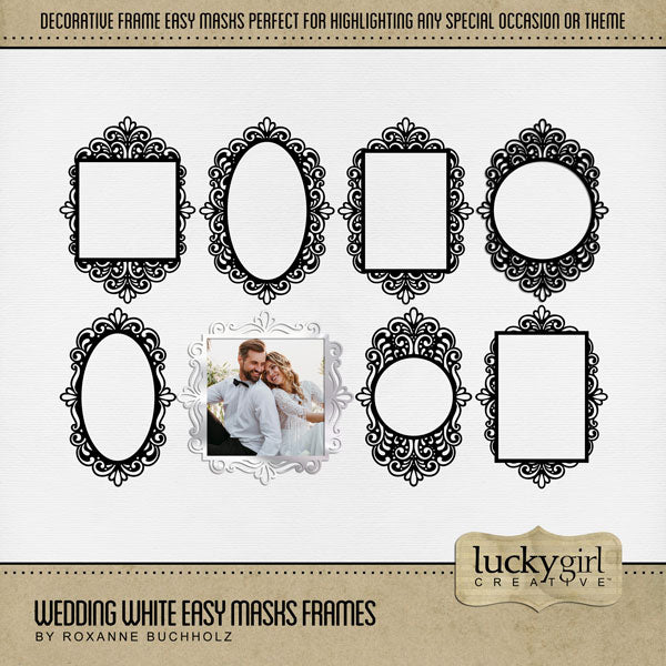 With 8 unique designs by Lucky Girl Creative digital art, these decorative frame photo masks are supplied as both standard and inverse embellishment overlays for maximum flexibility. These digital scrapbooking frames are perfect for highlighting any special occasion or theme, especially wedding, baby, and vintage heritage. Fill with color or paper, then drop in your favorite photo behind the frame to create a one-of-a-kind image.