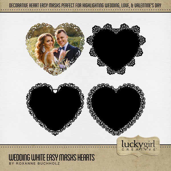 With 4 unique designs by Lucky Girl Creative digital art, these decorative heart photo masks are supplied as both standard and inverse embellishment overlays for maximum flexibility. These digital scrapbooking hearts are perfect for highlighting any special occasion or theme, especially wedding, baby, Valentine's Day, and vintage heritage. Fill with color, paper, or your favorite photo to create a one-of-a-kind image.