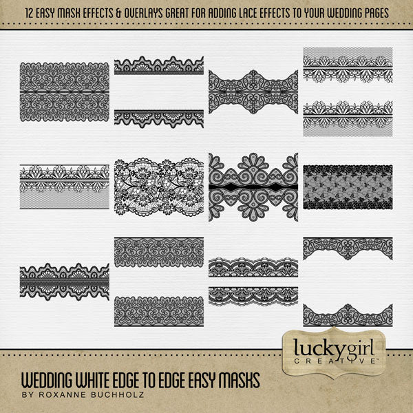 With 12 unique designs by Lucky Girl Creative digital art, these decorative lace photo masks are supplied as both standard and inverse embellishment overlays for maximum flexibility. These 12" digital scrapbooking lace elements are perfect for highlighting any special occasion or theme, especially wedding, baby, Valentine's Day, and vintage heritage. Fill with color or paper to create a one-of-a-kind image.