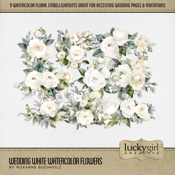 Wedding White Watercolor Flowers Digital Scrapbook Kit
