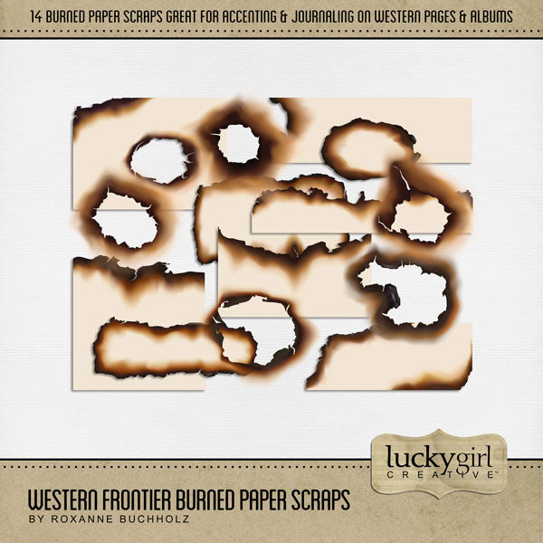 Add a touch of Wild West authenticity to your digital scrapbooking pages with these realistic pieces of paper with burned edges by Lucky Girl Creative digital art. Great for travels to the Southwest (Arizona, Colorado, Utah, Nevada, New Mexico), cowboy and cowgirl dances and hoedowns, rodeo and ranch events, ghost towns, vacations to the desert, Mexico, and so much more! 