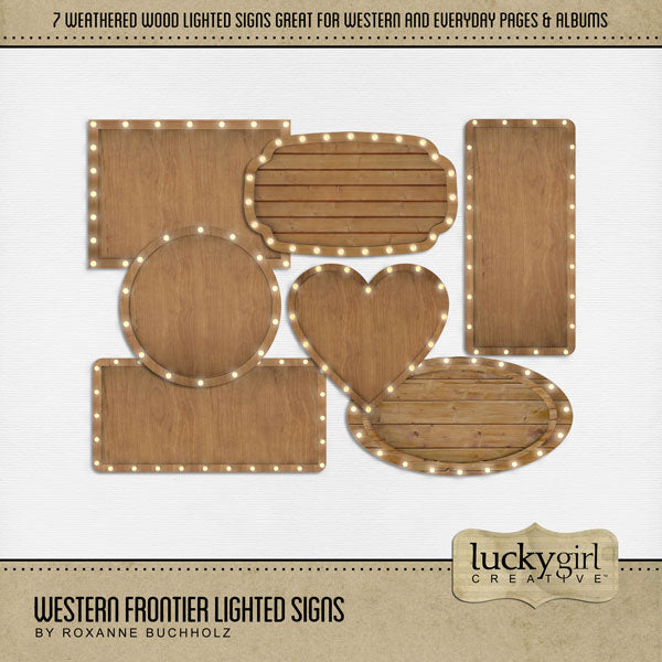 Add a touch of Wild West authenticity to your digital scrapbooking pages with these lighted wood sign embellishments by Lucky Girl Creative digital art. Great for travels to the Southwest (Arizona, Colorado, Utah, Nevada, New Mexico), cowboy and cowgirl dances and hoedowns, rodeo and ranch events, ghost towns, vacations to the desert, Mexico, and so much more! The Western Frontier Lighted Signs is included in the Western Frontier Add-On Bundle.