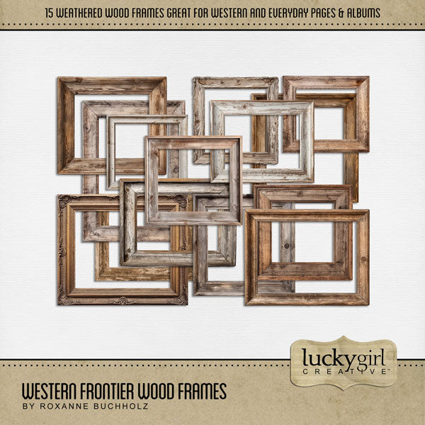 Add a touch of Wild West authenticity to your digital scrapbooking pages with these realistic wood frames embellishments by Lucky Girl Creative digital art. Great for travels to the Southwest (Arizona, Colorado, Utah, Nevada, New Mexico), cowboy and cowgirl dances and hoedowns, rodeo and ranch events, ghost towns, vacations to the desert, Mexico, and so much more! The Western Frontier Wood Frames Kit is included in the Western Frontier Add-On Bundle.