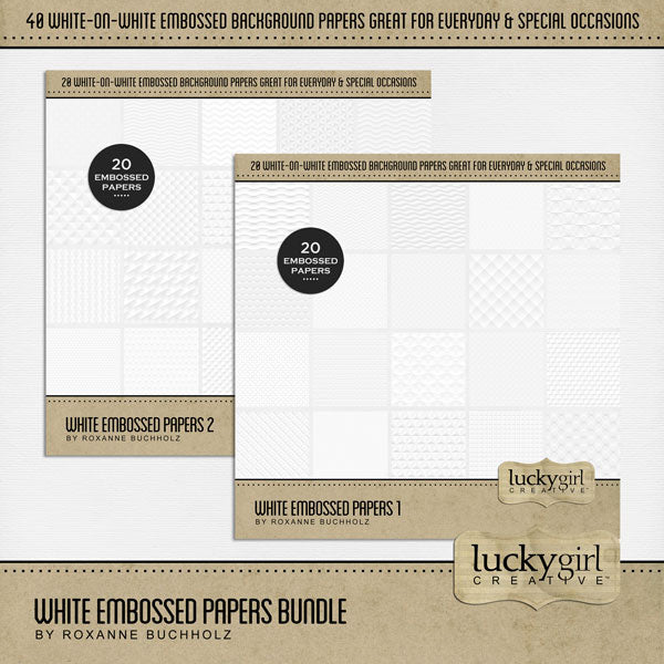 These beautiful white embossed digital scrapbooking papers by Lucky Girl Creative digital art are the perfect background for everyday and special occasions, too! Wonderful for wedding, graduation, baby, birthday, and anniversary!