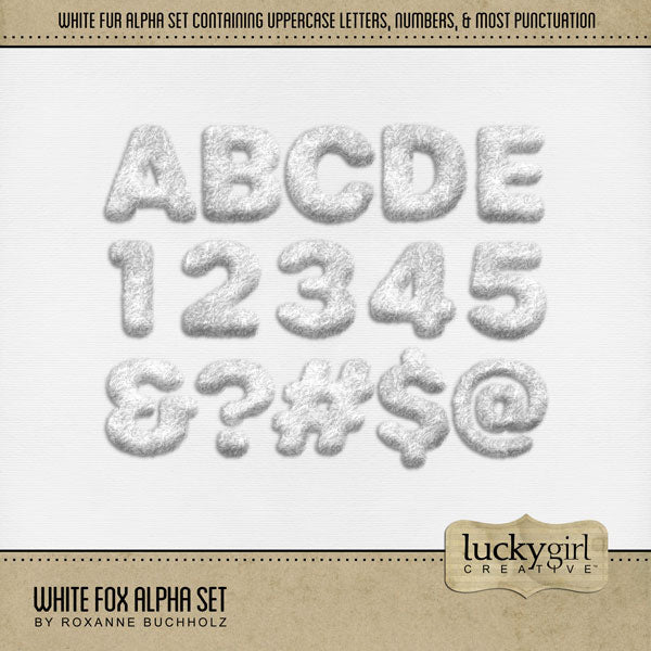 These fluffy white fur alphabet and number digital scrapbooking embellishments by Lucky Girl Creative digital art are easy to use for everyday digital scrapbook page titles including winter, winter snow and ice sports (ice skating, ice hockey, snow skiing, curling), and the Christmas holiday. The White Fox Alpha Set consists of a full set of digital art uppercase alphabet letters A-Z, numbers 0-9, and most punctuation marks. This alpha set is available as individual embellishments only.