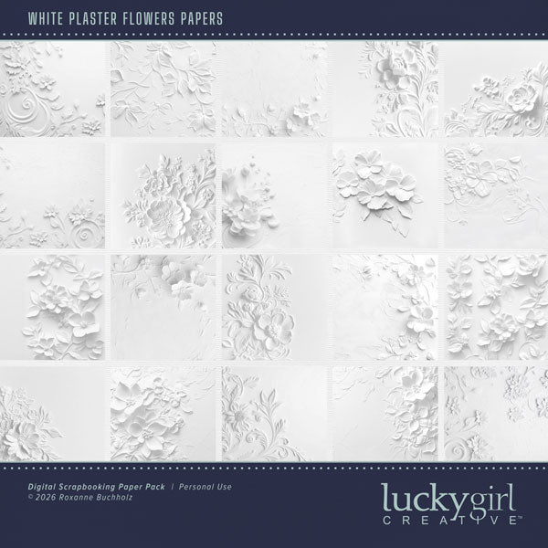 In a white on white plaster look, these digital scrapbooking floral background papers by Lucky Girl Creative digital art will add that touch of interest and authenticity to all your pages. Use to create one-of-a-kind beautiful backgrounds for special occasions including wedding, baptism, anniversary, and more! Great for outdoor and nature pages, too! This kit is included in the Paper Duo Floral Plaster Kit.