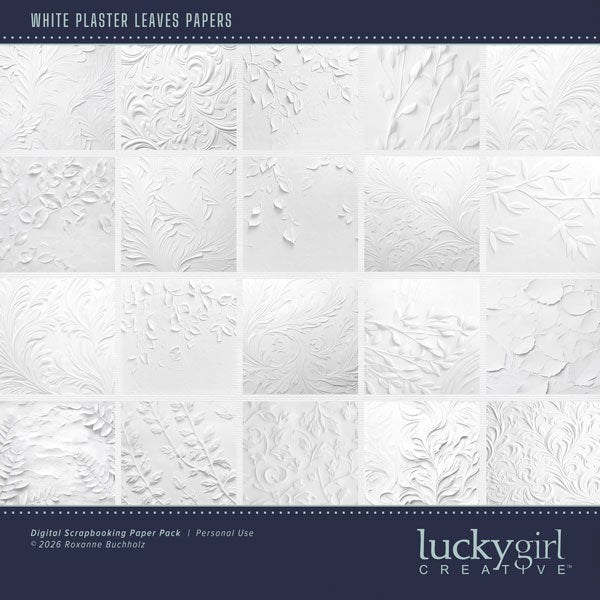 In a white on white plaster look, these digital scrapbooking leaf background papers by Lucky Girl Creative digital art will add that touch of interest and authenticity to all your pages. Use to create one-of-a-kind beautiful backgrounds for special occasions including wedding, baptism, anniversary, and more! Great for outdoor and nature pages, too! This kit is included in the Paper Duo Floral Plaster Kit.