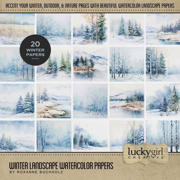 Add beautiful background papers by Lucky Girl Creative digital art to all your seasonal winter and holiday digital scrapbooking pages! In hues of blue, the watercolor winter landscapes add so much warmth and depth to all your memory keeping projects. Great for winter, snow, and nature and outdoors, too! Landscapes include forest, pine, evergreen, birch, snow, ice, meadow, trees, lake, mountains, and more. This kit is NOT included in any bundle.