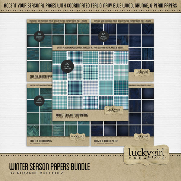 Accent your traditional seasonal pages with these plaid, wood, and grunge papers by Lucky Girl Creative digital art for digital scrapbooking in tones of navy blue and deep teal. Great for winter, beach, ocean, and everyday pages, too!