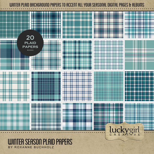 Accent your traditional seasonal pages with these plaid tartan papers by Lucky Girl Creative digital art for digital scrapbooking in tones of navy blue and deep teal. Great for winter, beach, ocean, and everyday pages, too! This kit is included in the Winter Season Papers Bundle.