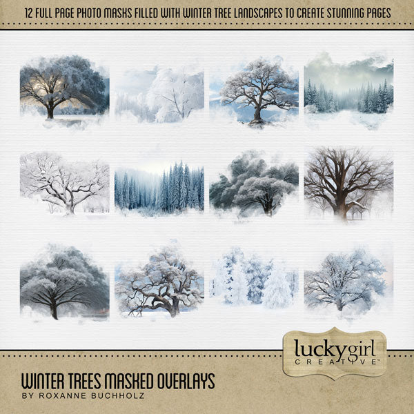 Celebrate the beauty of nature with these beautiful masked winter tree overlays by Lucky Girl Creative Digital Art for Digital Scrapbooking! With transparent edges, these masked photographs blend seamlessly into any background paper and make the perfect backdrop for all travel, vacation, and nature pages. They even work great for showcasing family trees! This kit is included in the Four Seasons Trees Masked Overlays Bundle.