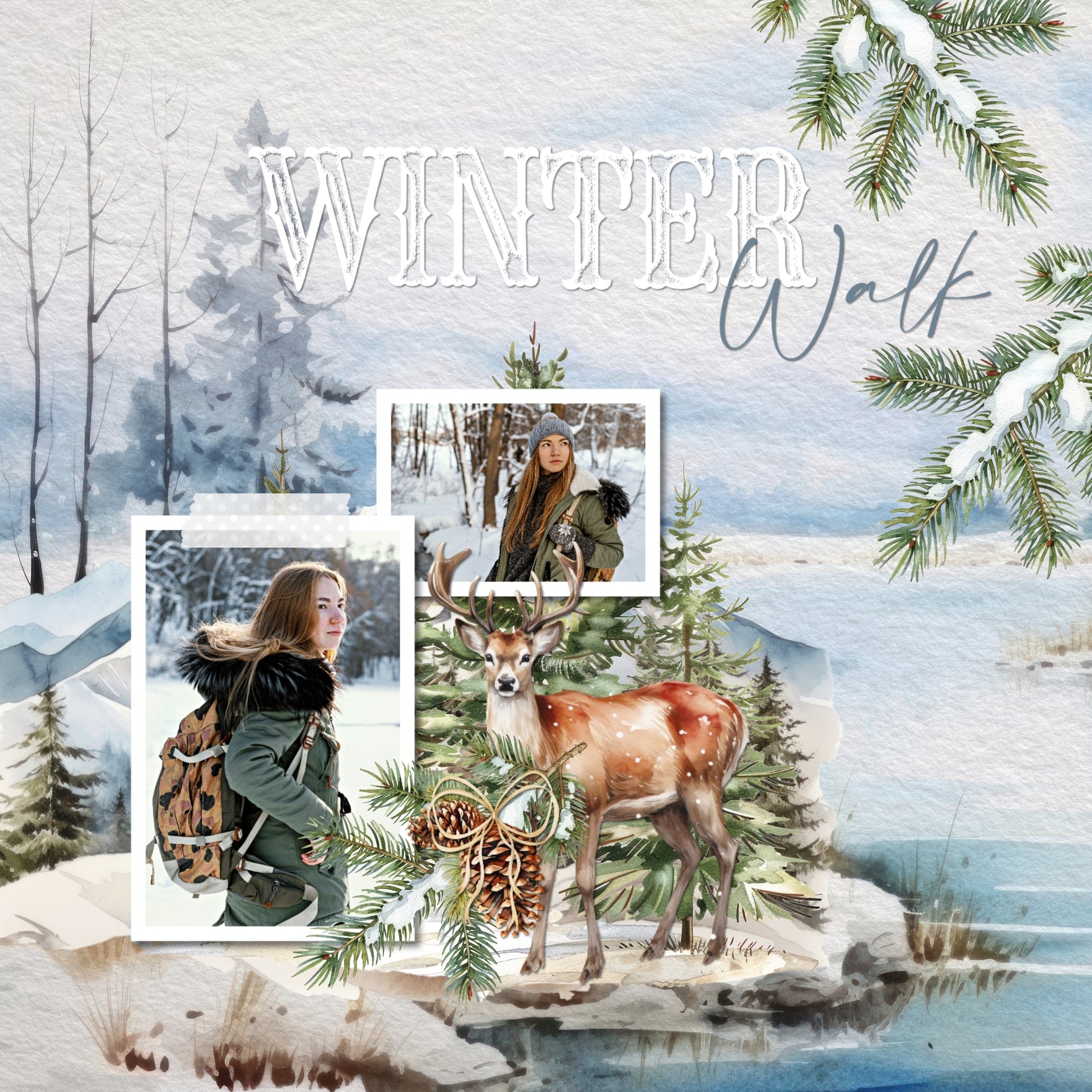 Add beautiful watercolor embellishments and papers by Lucky Girl Creative digital art to all your seasonal winter and holiday digital scrapbooking pages! Great for winter, snow, and nature and outdoors, too!