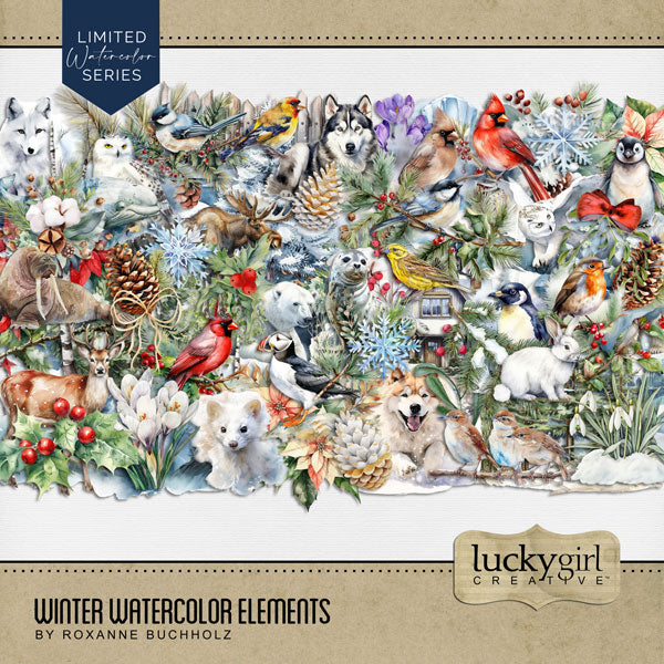 Add beautiful watercolor embellishments by Lucky Girl Creative digital art to all your seasonal winter and holiday digital scrapbooking pages! Great for winter, snow, and nature and outdoors, too!