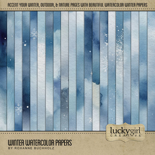 Add beautiful background papers by Lucky Girl Creative digital art to all your seasonal winter and holiday digital scrapbooking pages! In hues of blue with snowflake accents, the abstract watercolor skies add so much warmth and depth to all your memory keeping projects. Great for winter, snow, and nature and outdoors, too! This kit is NOT included in any bundle.