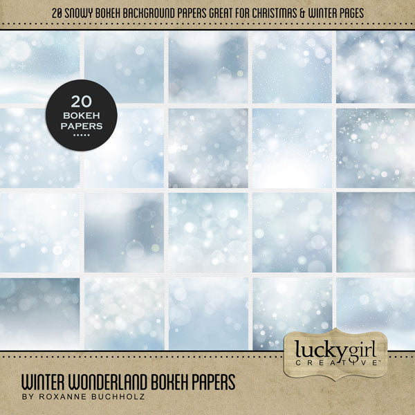 Get cozy this winter with these glowing bokeh digital scrapbooking background papers by Lucky Girl Creative digital art. Great for winter sports, nature hikes, Christmas, the holidays, and more. This kit is included in the Winter Wonderland Bundle.