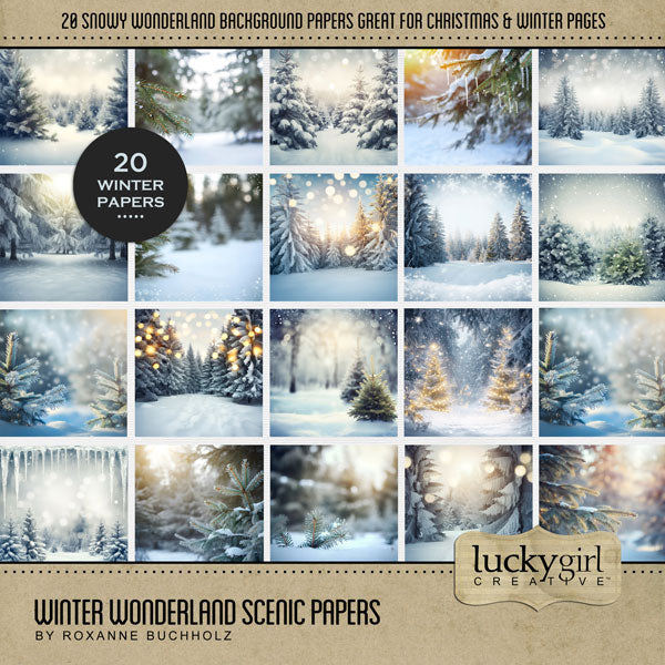 Get cozy this winter with these snow-covered scenic digital scrapbooking background papers by Lucky Girl Creative digital art. Great for winter sports, nature hikes, Christmas, the holidays, and more. This kit is included in the Winter Wonderland Bundle.