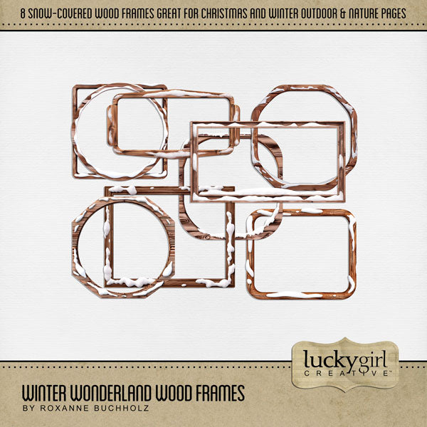 Get cozy this winter with these snow-covered wooden frames by Lucky Girl Creative digital art. Add to your photos or creating journaling boxes for a unique look. Great for winter sports, nature hikes, Christmas, the holidays, and more. This digital scrapbooking kit is included in the Winter Wonderland Bundle.