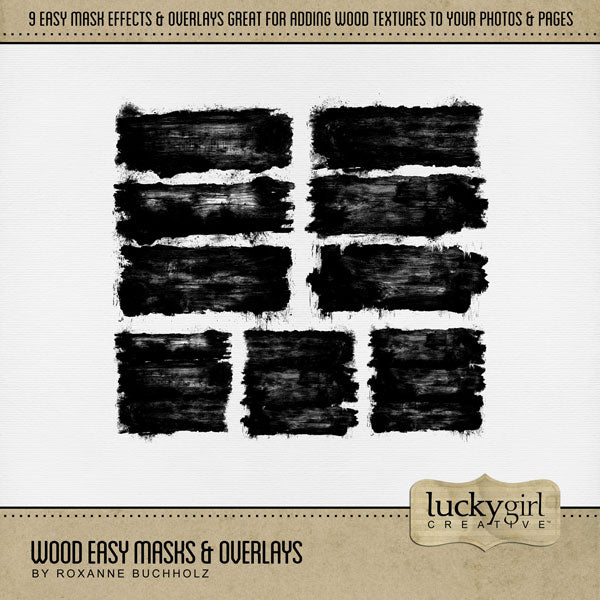 Create your own digital scrapbooking papers with these stylish grunge wood grain easy masks & overlays by Lucky Girl Creative digital art. Fill the textures with your favorite color, photo, or paper to create a unique patterned effect and one-of-a-kind background paper. Great for outdoors, nature, and camping pages. In Photoshop, drop the photo mask and overlay on your page, overlay with your favorite photo, and create a clipping path for a stunning result.