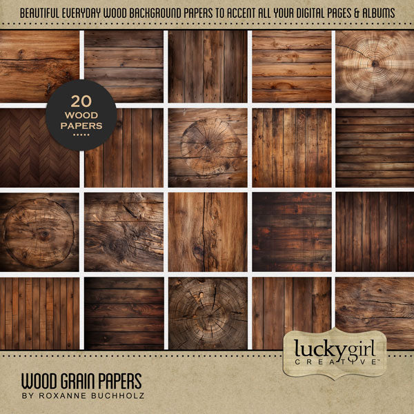 Accent your Christmas greeting cards and traditional seasonal pages with these brown wood grain papers by Lucky Girl Creative Digital Art for Digital Scrapbooking. Great for Christmas, winter, New Year, seasonal farmhouse and barn weddings, camping, fall, autumn, Thanksgiving, and other special occasions. This kit is included in the Holiday Wood &amp; Lights Papers Bundle.