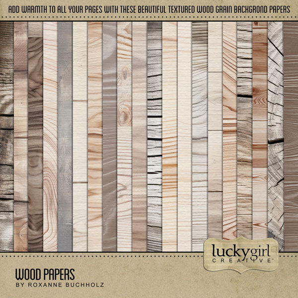 Add beautiful wood background papers by Lucky Girl Creative digital art to all your digital scrapbooking pages! In hues of brown, tan, and beige, the wood grain textures add so much warmth and depth to all your memory keeping projects. Great for fall, autumn, outdoors, nature, and around the lake, too! This kit is included in the Wood Papers & Overlays Kit.