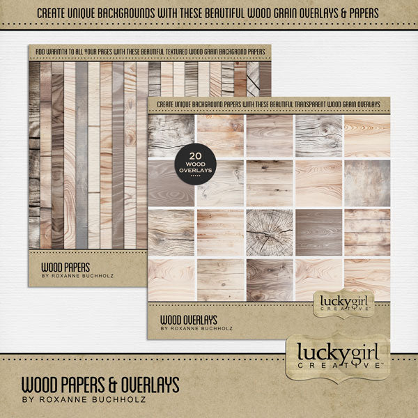 Add beautiful wood background papers or transparent overlays by Lucky Girl Creative digital art to all your digital scrapbooking pages! In hues of brown, tan, and beige, the wood grain textures add so much warmth and depth to all your memory keeping projects. Great for fall, autumn, outdoors, nature, and around the lake, too! This kit includes the Wood Papers Kit and the Wood Overlays Kit.