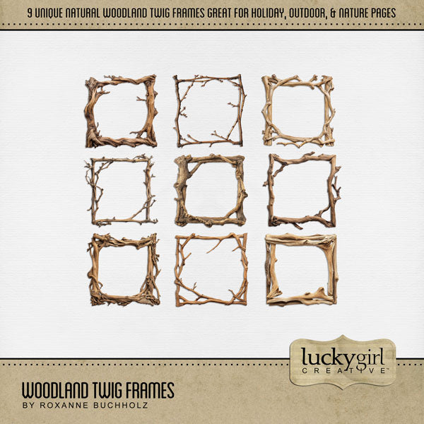 Add these woodland twig frame embellishments by Lucky Girl Creative digital art to all your winter and holiday digital scrapbooking pages. Great for creating journaling boxes or framing your favorite photo. Use for outdoor, nature, and camping pages, too! This kit is included in the Woodland Winter Add-On Bundle 1.