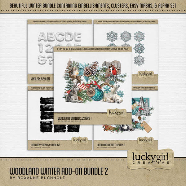 Add these realistic cluster embellishments, snowflake embellishments, wood grain easy masks & overlays, and white fur alpha set by Lucky Girl Creative digital art to all your Christmas greeting cards, holiday decor, and winter pages. Great for outdoor and nature pages, too. Embellishments include deer, Husky dog, cabin, snow, Cardinal birds, Christmas tree, polar bears, penguins, lantern, ornaments, pinecone, sled, sleigh, and more!