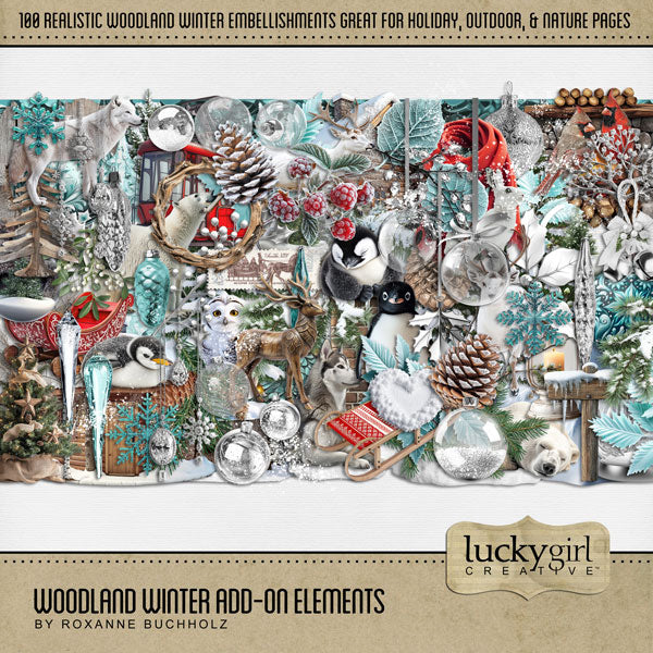 Add these realistic woodland embellishments by Lucky Girl Creative digital art to all your winter and holiday digital scrapbooking pages. Use for outdoor, nature, Christmas, winter, holiday, and camping pages, too! Embellishments include birds, Cardinal, owl, penguin, bunny, rabbit, hare, dog, husky, polar bear, reindeer, wolf, berry, frost, snow, ice, branch, crystals, cabin, Christmas bells, Christmas tree, wooden tree, fur hat, scarf, evergreen, pine, pinecone, fireplace, ornament, icicle, and more.