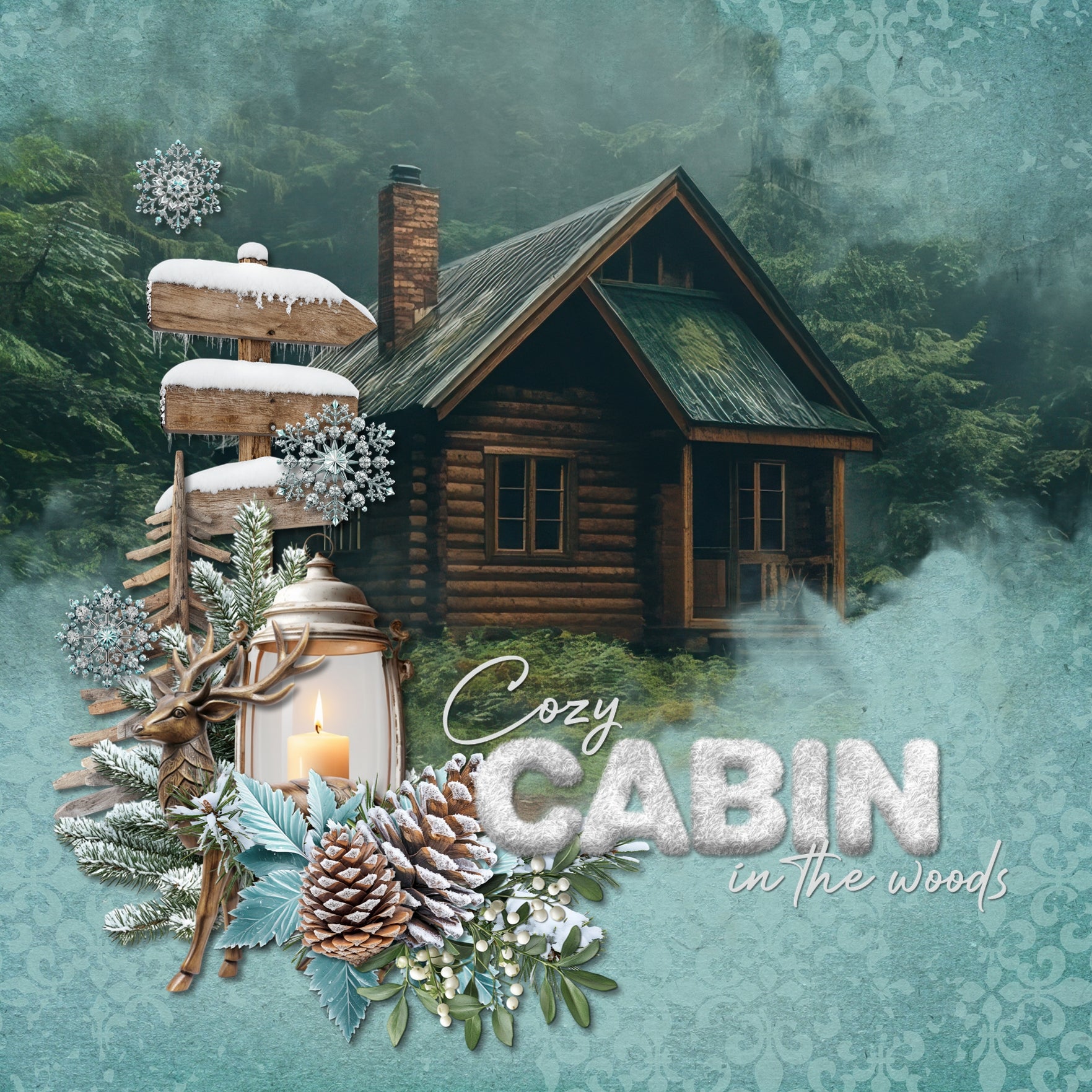 Add these cluster embellishments, realistic embellishments, wood grain easy masks & overlays, wooden signs and frames, and 2 alpha sets by Lucky Girl Creative digital art to all your Christmas greeting cards, holiday decor, and winter pages. Great for outdoor and nature pages, too. Embellishments include deer, Husky dog, cabin, snow, Cardinal birds, Christmas tree, polar bears, penguins, lantern, ornaments, pinecone, sled, sleigh, and more!