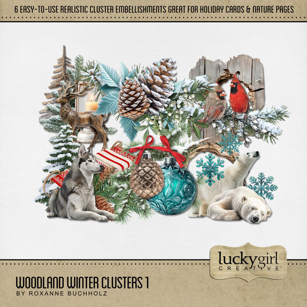 Add these realistic clusters by Lucky Girl Creative digital art to all your Christmas greeting cards, holiday decor, and winter pages. Great for outdoor and nature pages, too. Easy-to-use and ready to go! Embellishments include deer, Husky dog, snow, Cardinal birds, Christmas tree, polar bears, lantern, ornaments, pinecone, sled, sleigh, and more! This kit is included in the Woodland Winter Bundle 2.