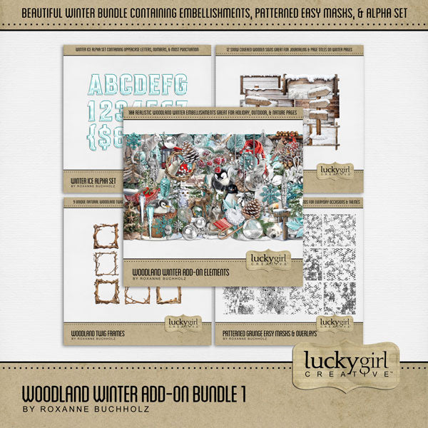 Add these realistic embellishments, wooden signs and frames, patterned grunge easy masks & overlays, and ice alpha set by Lucky Girl Creative digital art to all your Christmas greeting cards, holiday decor, and winter pages. Great for outdoor and nature pages, too. Embellishments include birds, Cardinal, owl, penguin, bunny, rabbit, hare, dog, husky, polar bear, reindeer, wolf, berry, frost, snow, ice, branch, crystals, cabin, Christmas bells, Christmas tree, wooden tree, fur hat, scarf, evergreen, and more