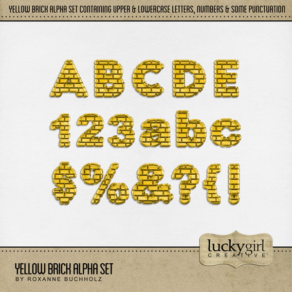 Showcase your family memories with this versatile yellow brick digital alpha set by Lucky Girl Creative. Perfect for Halloween, farm, construction work, home and garden, or city adventures. The entire collection is inspired by the Wizard of Oz with an Over the Rainbow theme. The Yellow Brick Alpha Set consists of a full set of digital art uppercase letters, lowercase letters, numbers 0-9, and most punctuation marks. This alpha set is available as individual embellishments only. 