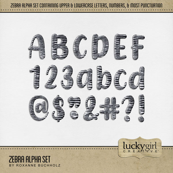 Be inspired by nature and wildlife with these striped zebra digital scrapbooking alphabet letters, numbers, and punctuation by Lucky Girl Creative digital art perfect for creating one-of-a-kind digital scrapbooking page titles. Great for digital pages of vacations to Africa or adventures to the zoo. The Zebra Alpha Set is included in the Savanna Flora & Fauna Mega Bundle.