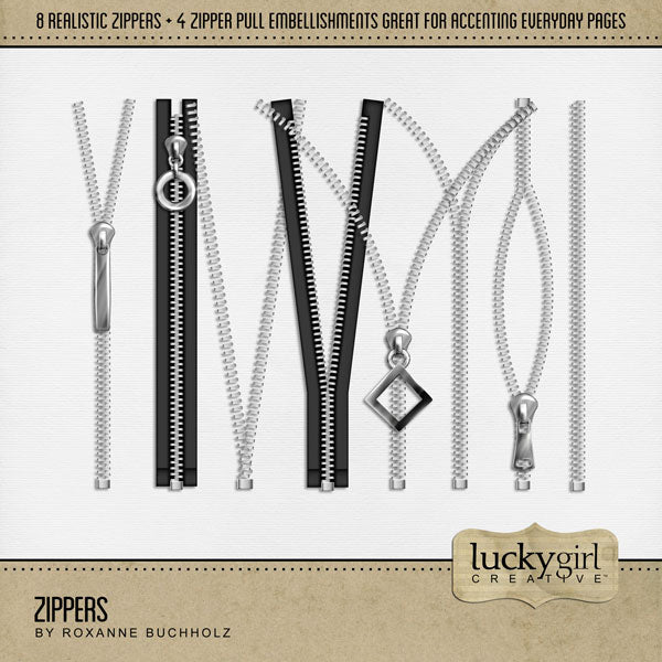 Zip it up with fun zipper embellishments by Lucky Girl Creative digital art to accent your fashionable digital scrapbooking pages. This kit includes zippers plus zipper pulls to move up and down as needed. These zippers pair great with teens, school, sports, and denim. The Zippers Kit is included in the Denim & Diamonds Bundle.