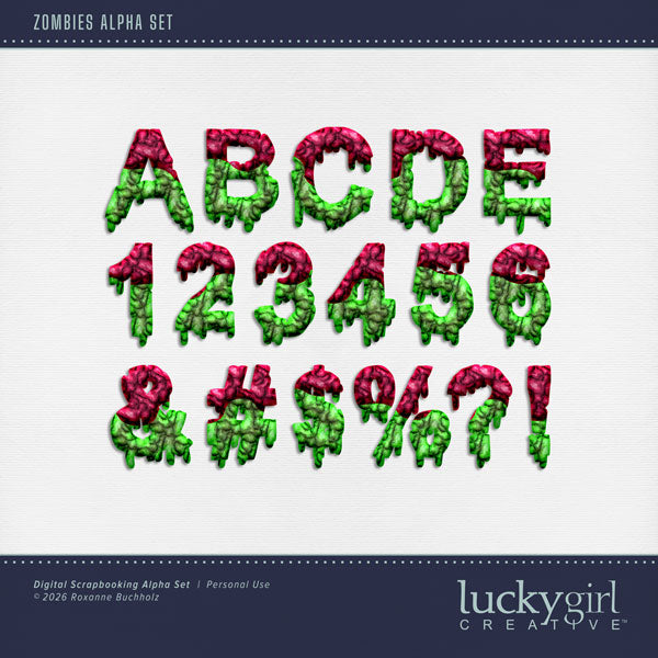 Packed with creepy character and Halloween-inspired flair, this delightfully eerie alphabet by Lucky Girl Creative digital art is perfect for adding a monstrously fun touch to your designs. Whether you're spelling out spooky greetings, creating frightfully fun titles, or adding a little undead attitude to your scrapbook pages, this zombie-themed alpha set is ready to rise from the grave and make your projects come alive! Perfect for Halloween layouts, haunted adventures, trick-or-treat memories