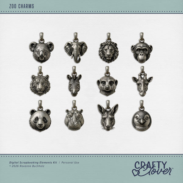 Take a walk on the wild side with these realistic pewter charms by Crafty Clover digital art for digital scrapbooking featuring adorable zoo animals! From majestic lions and playful monkeys to gentle elephants and towering giraffes, each animal features beautiful metallic pewter detailing for a classic, collectible charm look. Perfect for preserving family trips to the zoo, safari adventures in Africa, animal encounters, school field trips, wildlife memories, and those unforgettable moments.