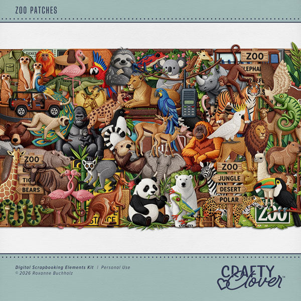 Take a walk on the wild side with these adorable zoo embroidered patches by Crafty Clover digital art for digital scrapbooking! Get ready for a roaring good time with this adorable collection of zoo-inspired embellishments, all designed to look like beautifully embroidered patches! From playful monkeys and majestic lions to towering giraffes and lovable elephants, each element features charming stitched details, colorful threads, and realistic embroidered textures that bring a handmade touch.