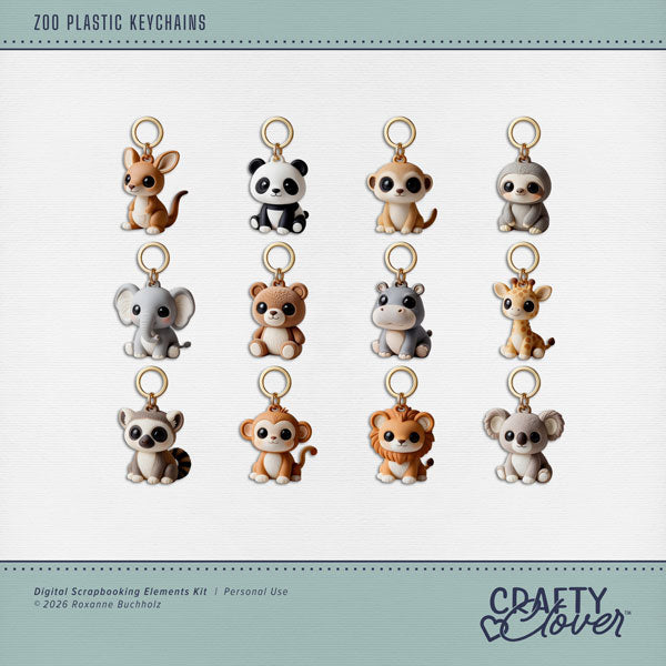 Take a walk on the wild side and bring home a little zoo souvenir keychain by Crafty Clover digital art for digital scrapbooking! Capture all your favorite animal adventures with the Zoo Plastic Keychains kit, featuring adorable elements designed to look just like those colorful plastic souvenir keychains you remember from the zoo gift shop! From playful monkeys and towering giraffes to majestic lions and lovable elephants, these charming, nostalgic embellishments bring a fun, retro souvenir-shop