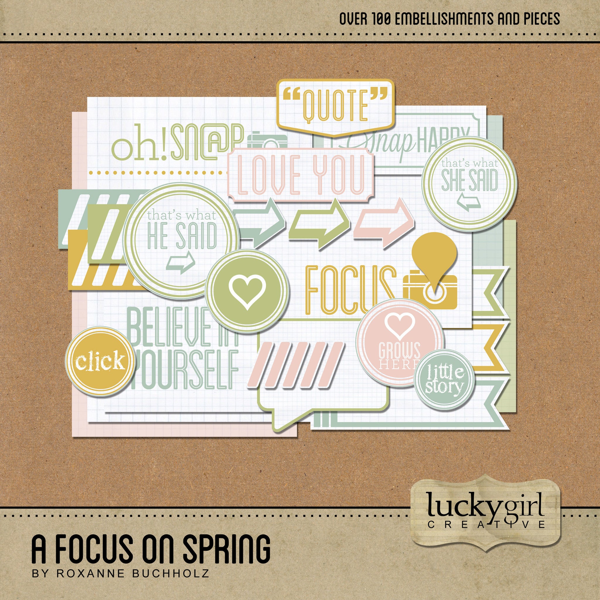 A Focus on Spring Digital Scrapbook Kit is a huge “Project Life” inspired digital art collection full of clean and crisp ways to document life, all made in gentle and versatile colors that can add value to a page or project of any kind at any time of year. The 4 x 6 and 6 x 4 pieces were specifically designed with “Project Life” in mind but multiple pieces and embellishments which can be mixed and matched to create your own cards.