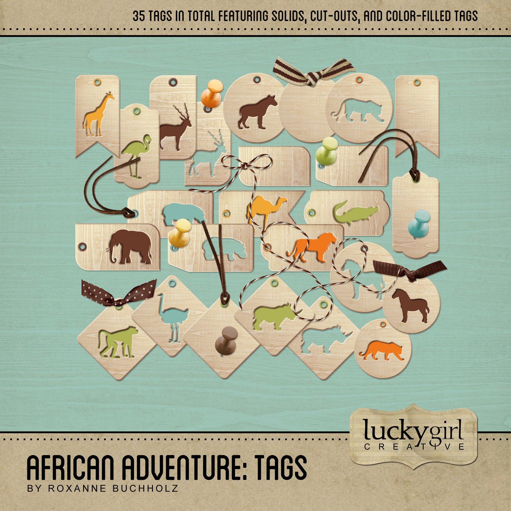 African Adventure Tags Digital Scrapbook Kit features 35 fun African animal inspired digital art tag embellishments plus 15 pieces of adorable ribbon, string, bows, and push pins. This collection has a natural color palette with modern pops of greens, blues, oranges, and yellows. Included are many African animals including giraffe, flamingo, hyena, gazelle, cheetah, lion, camel, hippo, elephant, crocodile, zebra, monkey, ostrich, and rhino. 