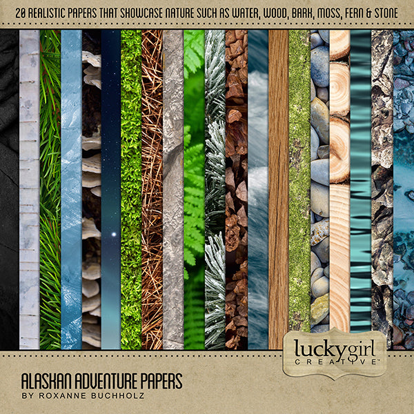Adventure and explore through Alaska with these beautiful and realistic nature inspired digital papers by Lucky Girl Creative. Includes wood, logs, evergreen, pine, pine straw, moss, rocks, water, pinecones, fern, and more. Great for vacations to Alaska and Canada or anyone that loves outdoor adventure.