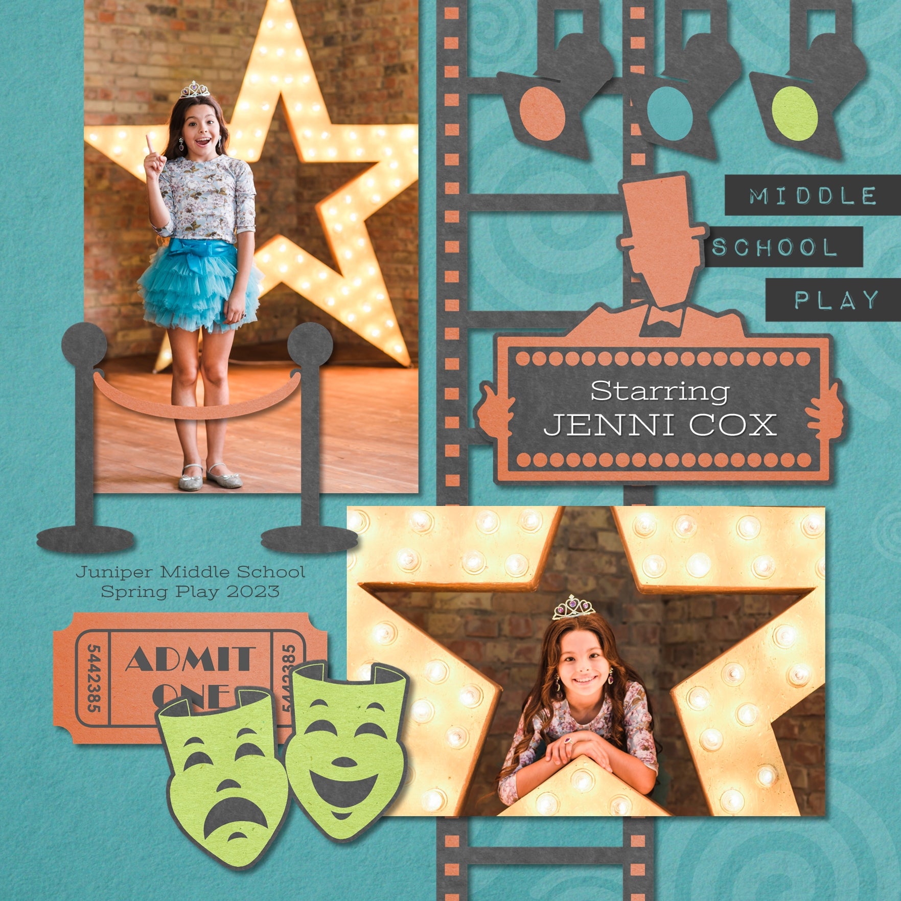 This music and theater-inspired digital art collection, All School Digital Scrapbook Bundle by Lucky Girl Creative, is a collection that you'll use to celebrate each performer in your family. Full of musical instruments, lighting, tickets, movie, theater embellishments and more, this collection is perfect for all school orchestras, bands, music programs, plays, theater performances, and movie nights.